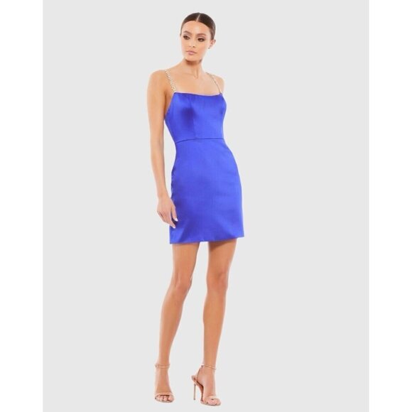 Mac Duggal Size 12 Blue 55691 Rhinestone Strap Satin Mini Cocktail Dress New - Picture 1 of 10